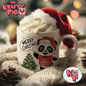 TAZA DE 11 oz CON DISEÑO DE PANDA NAVIDEÑO, Taza de Panda, Envoltorio de Taza de Sublimación, Envoltorio de Taza PNG, Taza de Navidad, Chocolate Caliente, Linda Navidad, Panda Kawaii.