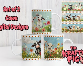 3 söta illustrerade KO-MUGGAR, sublimerade 11oz muggdesigner, illustrerad ko-mugg, PNG-muggomslag, söt ko-mugg, gårdsdjursmugg, kviga