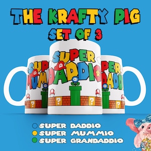 Set van 3 op retrogames geïnspireerde "SUPER" Daddio, Mummio, Grandaddio Verjaardag 11oz MOK ontwerp sublimatie, aangepast moklabel, gepersonaliseerde cadeaubeker