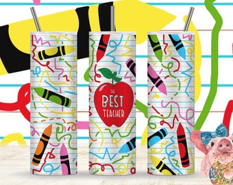May include: Three stainless steel tumblers with a white background and colorful crayon designs. The center tumbler features a red apple with a green stem and leaves and the text "The Best Teacher".