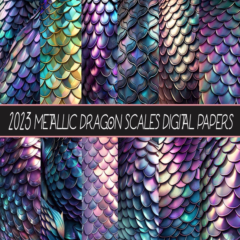 Metallic Dragon Scales Skin Mythical Gothic Digital Papers / Backgrounds / Crafts ,scrapbook, sublimation, clipart, 2023 set of 12 image 1