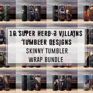 Plus Size SUPERHERO & VILLIAN 20oz Skinny Tumbler Digital Sublimation Wrap Design Mega BUNDLE (x16), Unique Custom Artwork, Movie inspired