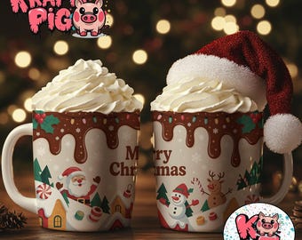 Merry Christmas Mug Wrap | Chocolate Drip Santa & Snowman Design | Digital 11oz Mug Wrap | Printable Holiday Mug PNG