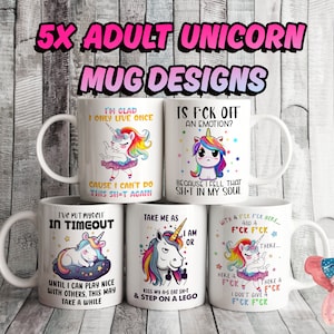 Set of 5 Funny Rainbow UNICORN 11oz MUG Designs, Sublimation Custom, Mug label Designs, personalized Gift Cup Bundle, unique Adult Quotes