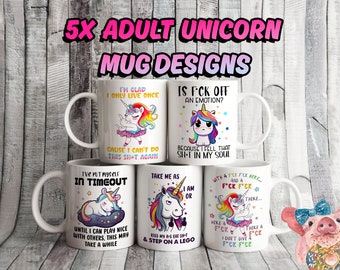 Set of 5 Funny Rainbow UNICORN 11oz MUG Designs, Sublimation Custom, Mug label Designs, personalized Gift Cup Bundle, unique Adult Quotes