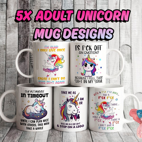 Set of 5 Funny Rainbow UNICORN 11oz MUG Designs, Sublimation Custom, Mug label Designs, personalized Gift Cup Bundle, unique Adult Quotes