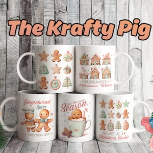 Set mit 5 Weihnachts-Lebkuchen-Keksen 11 Unzen Tassendesigns, Sublimationstassenverpackung, PNG Tassendesigns, heiße Schokolade, Lebkuchentassen, Tassenverpackungen.