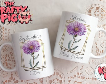 Taza de cumpleaños de septiembre con diseño floral personalizado (PNG digital)
