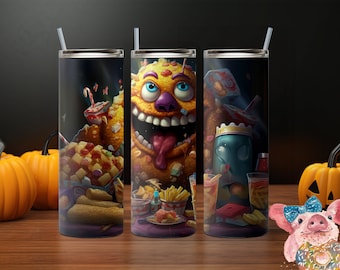 POP ART Food MONSTER Halloween Drink Tumbler Sublimation, Cartoon Digital download Fun Clipart, 20oz skinny tumbler Unique Wrap Design vol 1