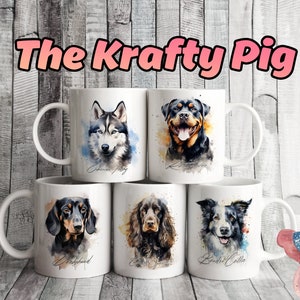 Set di 5 simpatici disegni per tazze da 11 once con acquerello per amanti dei cani, etichetta per tazza con stampa a sublimazione, confezione regalo personalizzata con Husky, Rottie, Spaniel VOL1