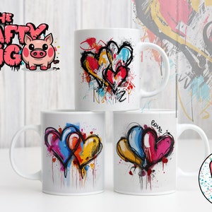 3 GRAFFITI con CUORI d'amore da 11 once, design per tazze personalizzate con stampa a sublimazione, set di tazze personalizzate, regalo unico per San Valentino, arte moderna dei graffiti