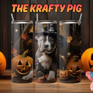 Cute PIT BULL / STAFFY Halloween Witch 20oz skinny Tumbler Wrap Sublimation Digital Design, unique Custom Art, Pumpkin Patch Clipart Vol 2