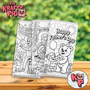 May include: Three black and white Father's Day themed candy bar wrappers. One wrapper says "Happy Father's" with a drawing of a father and child playing. Another says "Best Dad Ever" with a father and child in a boat. The last says "Happy Father's Day" with a bear and child.