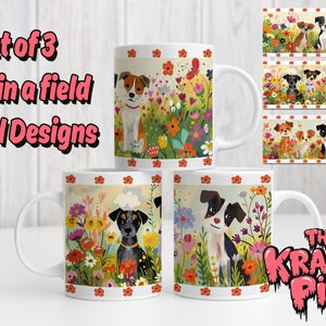 3 schattige geïllustreerde DOG MUG Wraps, sublimatie 11oz mok ontwerpen, geïllustreerde hondenmok, PNG mok wrap, schattige hondenmok, lentebloemen, hondenliefhebber.