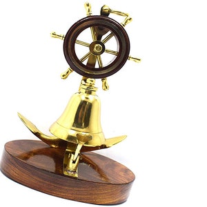 Brass Desk Service Bell with Wooden Base Hotel Restaurant Reception School Counter Bell