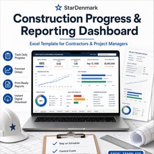 Puede incluir: Una computadora portátil muestra un panel de control de progreso de la construcción con gráficos y datos. La pantalla muestra la finalización del proyecto, el rendimiento de los costos y los próximos hitos. También se ven un casco, planos y una carpeta.