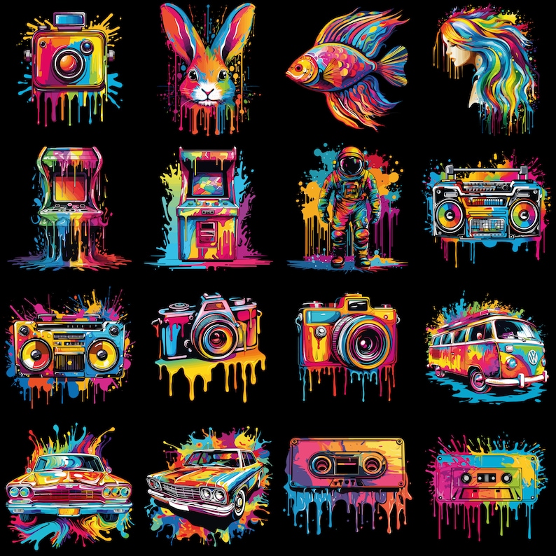 Peut inclure: Une impression num&eacute;rique color&eacute;e repr&eacute;sentant une vari&eacute;t&eacute; d'objets r&eacute;tro et modernes, notamment des appareils photo, une camionnette vintage, une cassette audio, un lapin, un poisson, un spationaute et un boombox. Les objets sont entour&eacute;s d'&eacute;claboussures de peinture color&eacute;es.