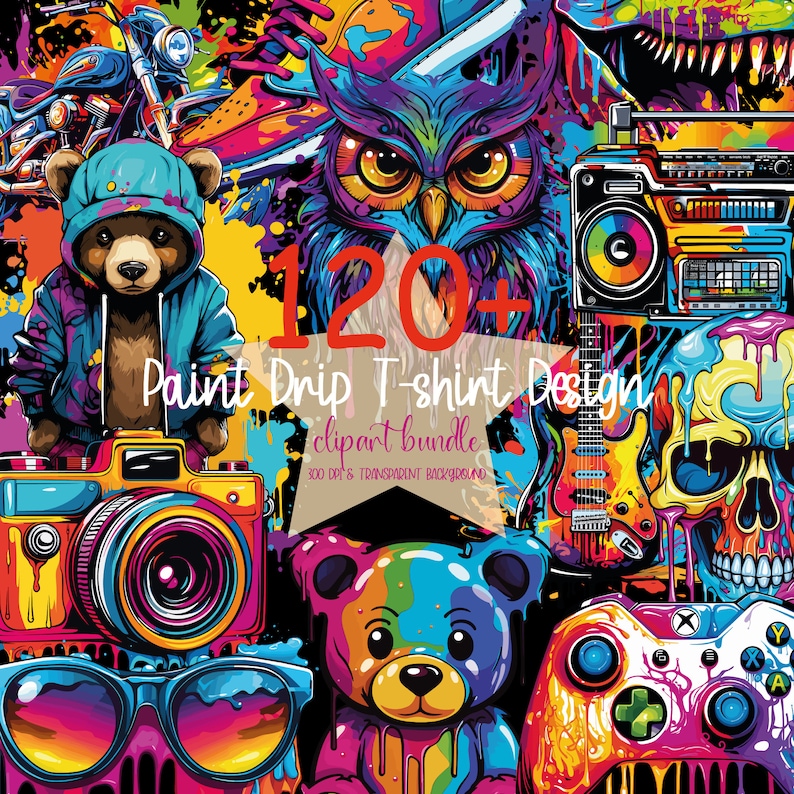 Peut inclure: Un lot de clipart de design graphique color&eacute; avec plus de 120 motifs de t-shirts &agrave; effet de peinture. Le lot comprend une vari&eacute;t&eacute; d'images, notamment un ours portant un sweat &agrave; capuche bleu, un hibou, un boombox, une guitare, un cr&acirc;ne, un ours en peluche, des lunettes de soleil et une manette de jeu vid&eacute;o.