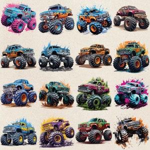 May include: A collage of twelve monster trucks with various paint schemes and designs. The trucks are all on a light brown background with splashes of paint.