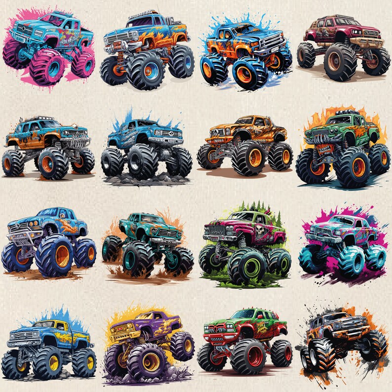 May include: A collage of twelve monster trucks with various paint schemes and designs. The trucks are all on a light brown background with splashes of paint.