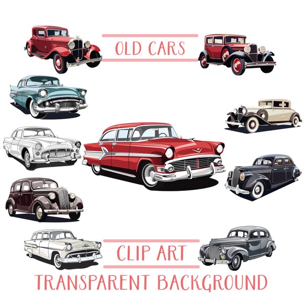 Old Cars Clipart Bundle, Old Cars Png Bundle, Vintage Cars Png Files, Vintage Cars Digital Download, Old Cars Clipart for Tshirt, Retro Cars