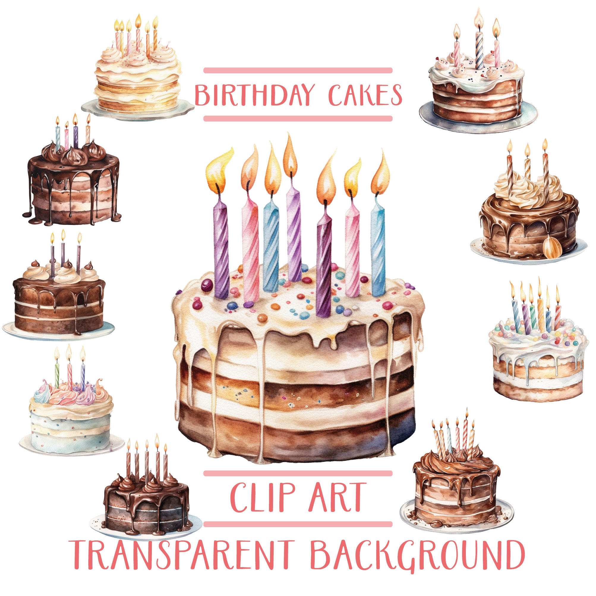 Birthday Cake Clipart Bundle Watercolor Birthday Cakes Png - Etsy
