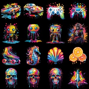 Peut inclure: Une collection de 12 illustrations num&eacute;riques color&eacute;es repr&eacute;sentant divers objets, notamment une voiture, une manette de jeu vid&eacute;o, un robot, un coquillage, un cr&acirc;ne et une fus&eacute;e. Chaque objet est rendu dans un style vibrant et abstrait avec des effets de peinture qui coulent.