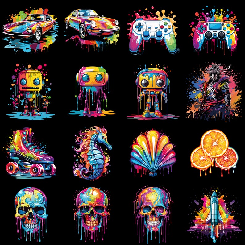 Peut inclure: Une collection de 12 illustrations num&eacute;riques color&eacute;es repr&eacute;sentant divers objets, notamment une voiture, une manette de jeu vid&eacute;o, un robot, un coquillage, un cr&acirc;ne et une fus&eacute;e. Chaque objet est rendu dans un style vibrant et abstrait avec des effets de peinture qui coulent.
