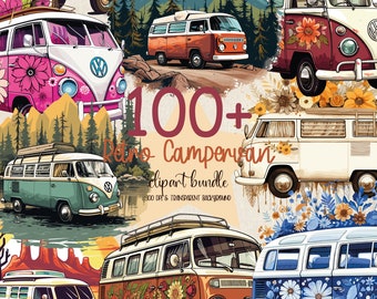 100+ Retro Campervan Png Bundle Camper Van Clipart Bundle Vintage Camper Van Png Floral Campervan Clipart Colorful Campervan Clipart Bundle