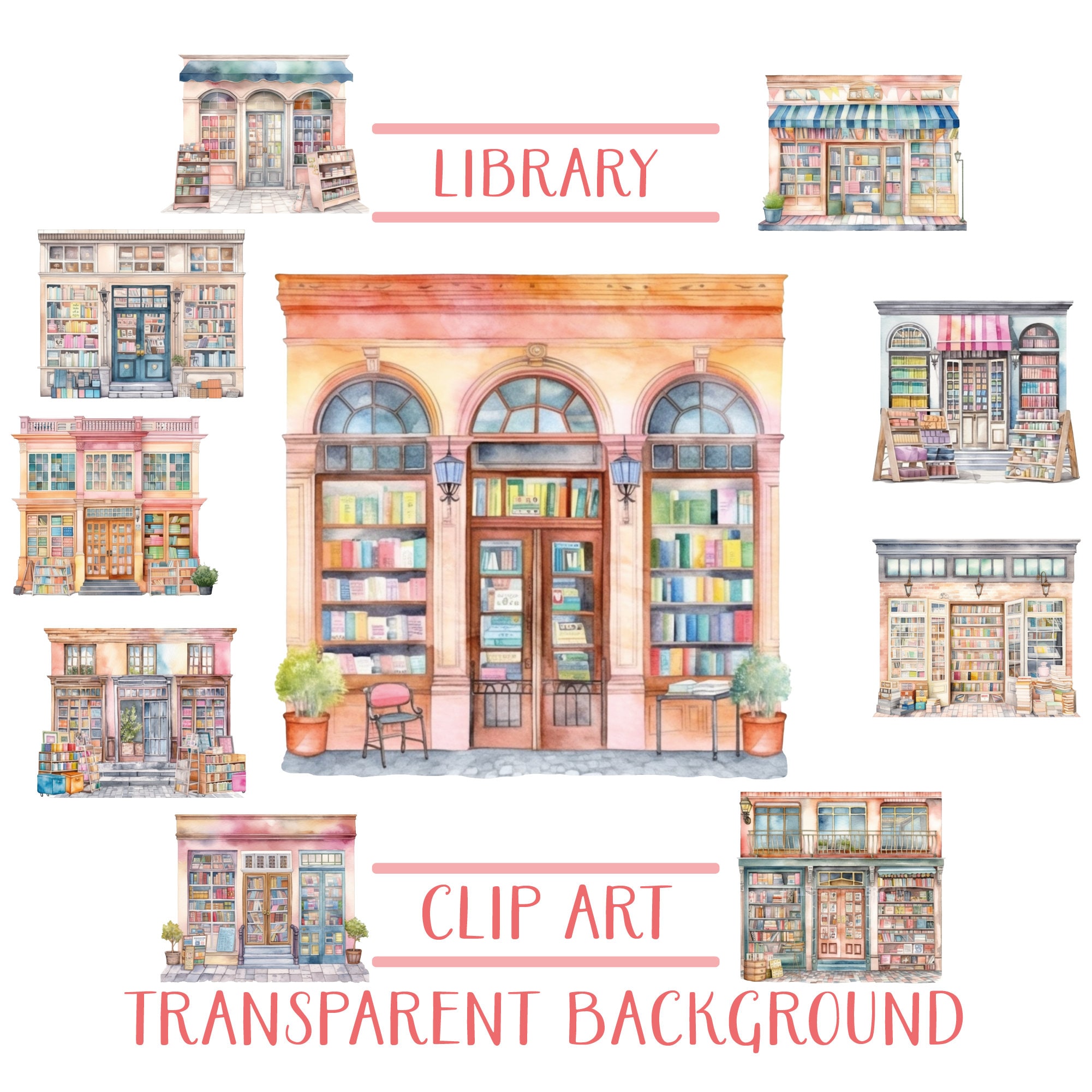 Vintage Watercolor Library Clipart Watercolor Library Png - Etsy