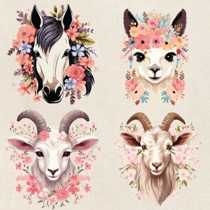 Floral Farm Animals Clipart Set Cute Farm Animals Png Farm Animals