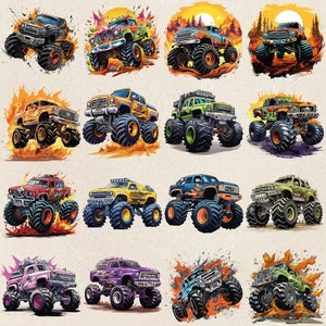May include: A collection of 12 monster truck illustrations featuring various colors and designs. Each truck has large tires and is depicted in a dynamic pose, suggesting speed and power. The trucks are set against a variety of backgrounds, including flames, dirt, and landscapes.