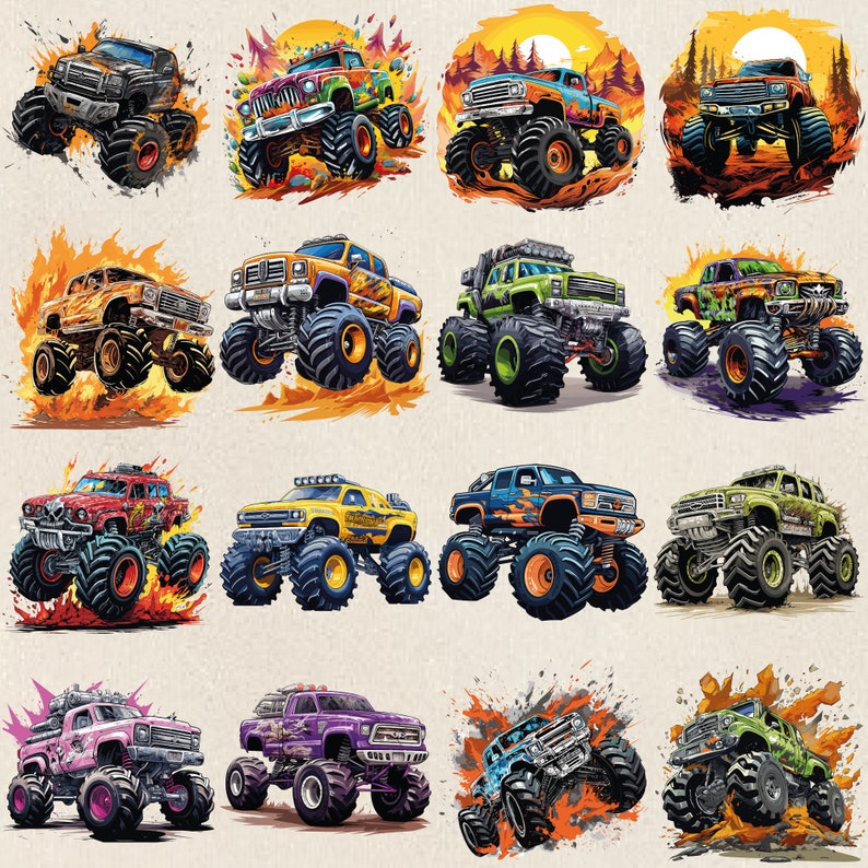 May include: A collection of 12 monster truck illustrations featuring various colors and designs. Each truck has large tires and is depicted in a dynamic pose, suggesting speed and power. The trucks are set against a variety of backgrounds, including flames, dirt, and landscapes.