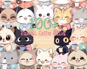 May include: A digital clipart bundle of over 100 kawaii coffee kitty illustrations. The kitties are in various poses, wearing different outfits, and holding mugs of coffee. The illustrations are in a cartoon style with bright colors and cute details.