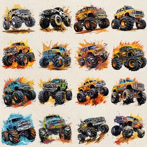 May include: A collection of 12 colorful monster trucks with large tires and various paint schemes. The trucks are set against a white background with splashes of paint.