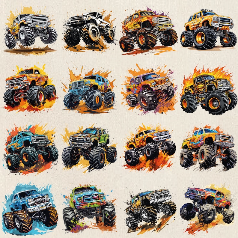 May include: A collection of 12 colorful monster trucks with large tires and various paint schemes. The trucks are set against a white background with splashes of paint.