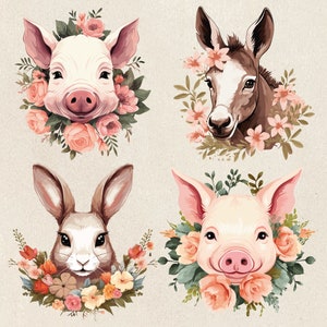Floral Farm Animals Clipart Set Cute Farm Animals Png Farm Animals