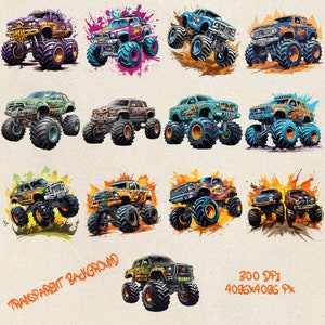 May include: A set of 10 digital illustrations of monster trucks with various paint schemes and backgrounds. The trucks are all in a cartoon style and have large tires. The backgrounds are colorful and abstract.