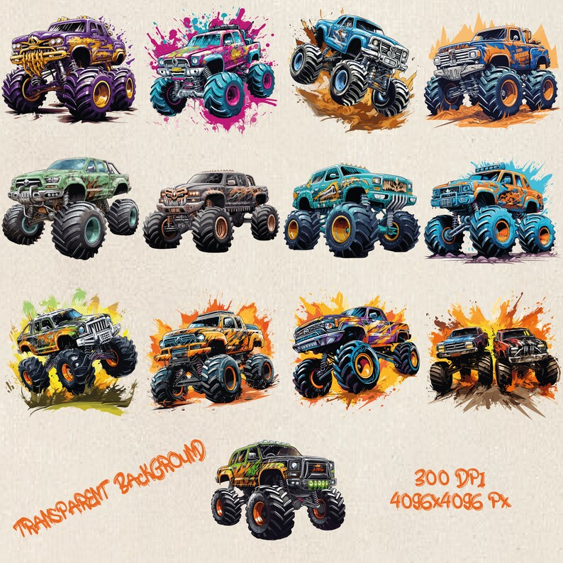 May include: A set of 10 digital illustrations of monster trucks with various paint schemes and backgrounds. The trucks are all in a cartoon style and have large tires. The backgrounds are colorful and abstract.