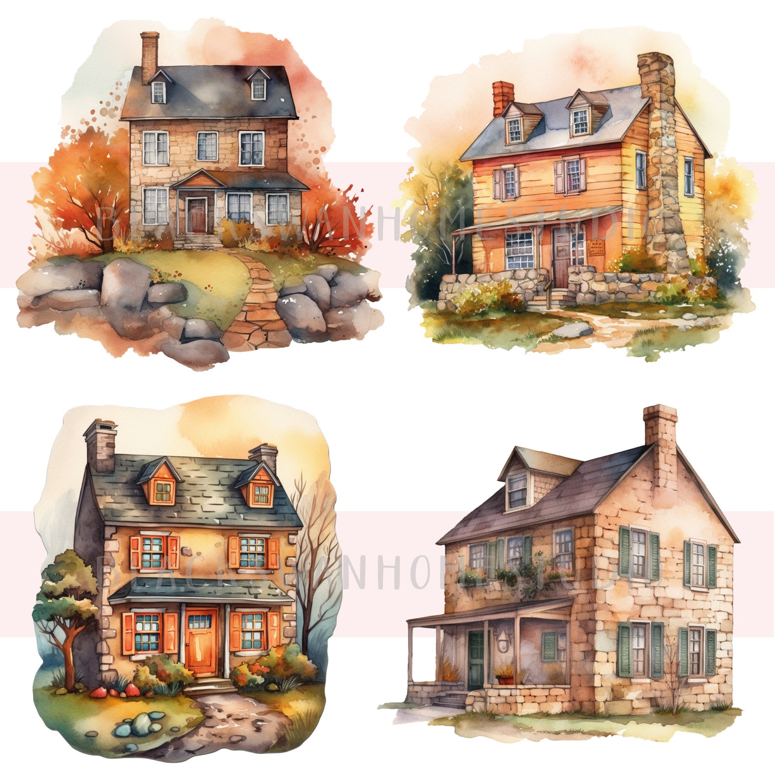 Vintage Stone House Clipart Bundle, Watercolor Stone House Png Bundle, Watercolor Cottagecore ...