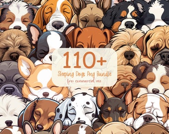 May include: A digital illustration of over 110 sleeping dogs of various breeds and colors. The text "110+ Sleeping Dogs Png Bundle Free commercial use" is in the center of the image.