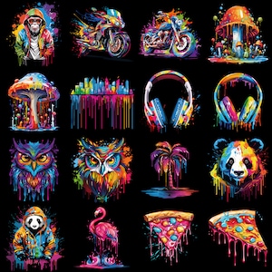 Peut inclure: Une collection de 16 illustrations num&eacute;riques color&eacute;es repr&eacute;sentant divers sujets, notamment un singe, des motos, des champignons, des &eacute;couteurs, des hiboux, un palmier, un panda, un flamant rose et une pizza. Chaque illustration est r&eacute;alis&eacute;e dans un style abstrait et vibrant avec des effets de peinture qui coulent.