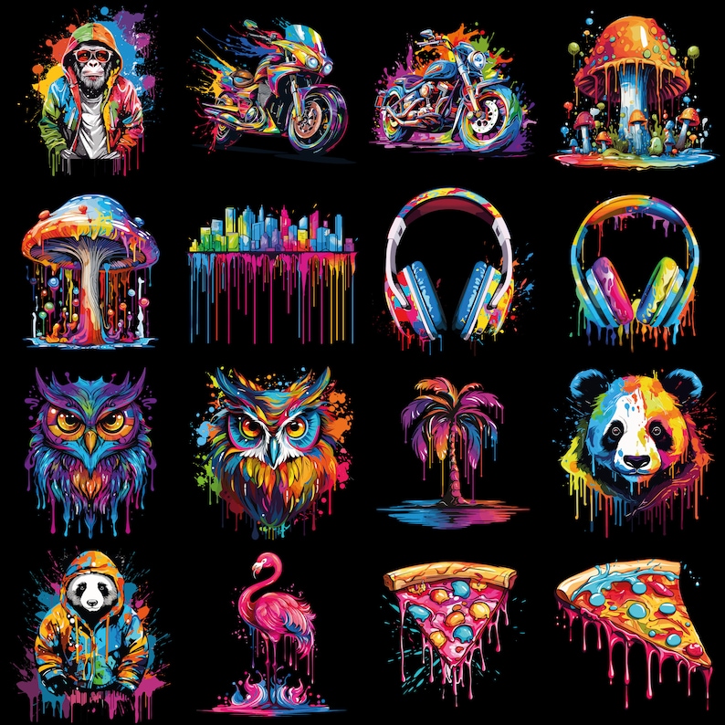 Peut inclure: Une collection de 16 illustrations num&eacute;riques color&eacute;es repr&eacute;sentant divers sujets, notamment un singe, des motos, des champignons, des &eacute;couteurs, des hiboux, un palmier, un panda, un flamant rose et une pizza. Chaque illustration est r&eacute;alis&eacute;e dans un style abstrait et vibrant avec des effets de peinture qui coulent.