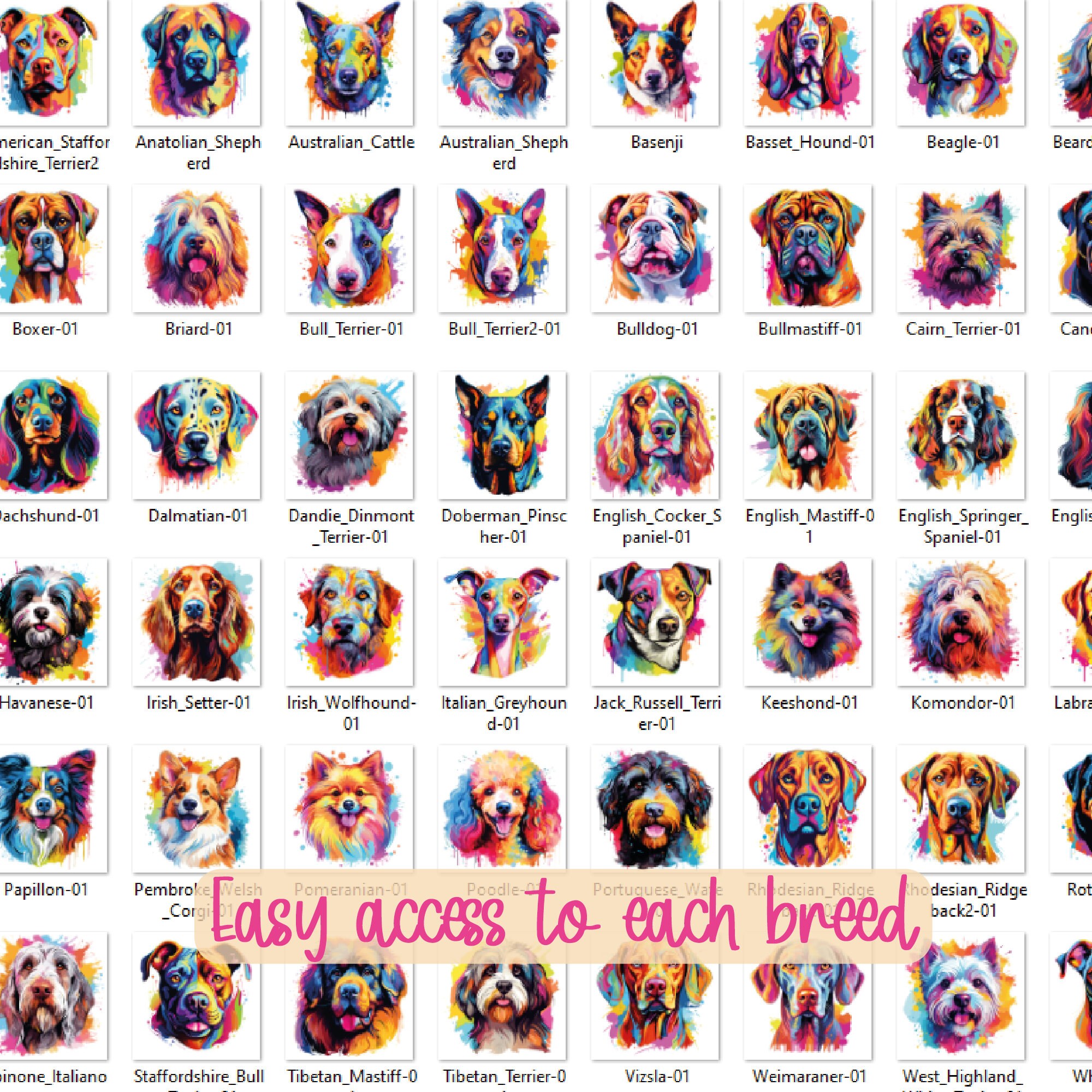 100 Colorful Dogs T-shirt Design Bundle Dog Breeds Clipart Bundle Cute ...