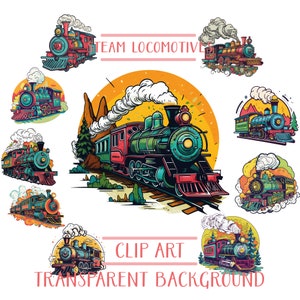 May include: A set of nine colorful cartoon illustrations of steam locomotives with smoke and clouds. The locomotives are in various poses and have different colors and designs. The text "TEAM LOCOMOTIVE" and "CLIP ART TRANSPARENT BACKGROUND" is included in the image.