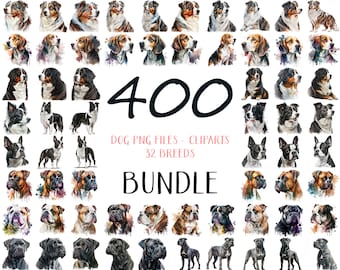 Könnte beinhalten: Eine Sammlung von 400 Aquarell-Hundeillustrationen mit 32 verschiedenen Rassen. Die Bilder sind in verschiedenen Posen und Ausdrücken gehalten und eignen sich perfekt für den Einsatz in digitalen oder gedruckten Projekten.