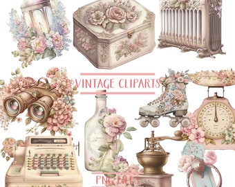 Pastel Painting Vintage Items Png Bundle, Vintage Tools Png, Vintage Jewelbox Png, Card Making, Scrapbook, Junk Journal, Paper Crafts