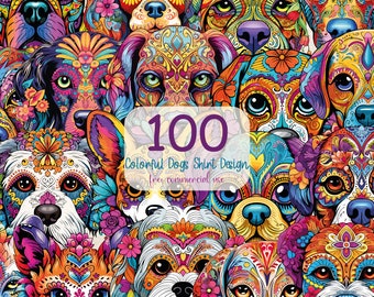 以下が含まれることがあります： 複雑なパターンとデザインが施された100匹の犬の顔のカラフルなコラージュ。犬はすべて異なる品種で、さまざまな表情をしています。テキスト「100 Colorful Dogs Shirt Design Free Commercial Use」は画像の中央にあります。