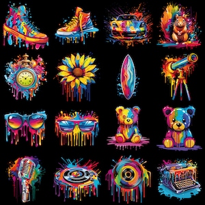 Peut inclure: Une collection d'illustrations abstraites color&eacute;es avec un effet de peinture &eacute;clabouss&eacute;e. Les illustrations comprennent une paire de lunettes de soleil, un tournesol, un ours en peluche, une voiture, une planche de surf, une machine &agrave; &eacute;crire, un tourne-disque, un microphone, un &eacute;cureuil, un t&eacute;lescope, une horloge et une paire de baskets.