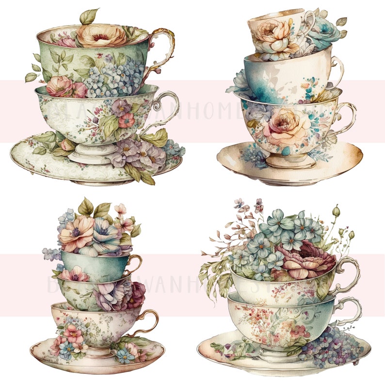 Vintage Tea Cups Clipart Bundle Vintage Floral Tea Cups Png Etsy